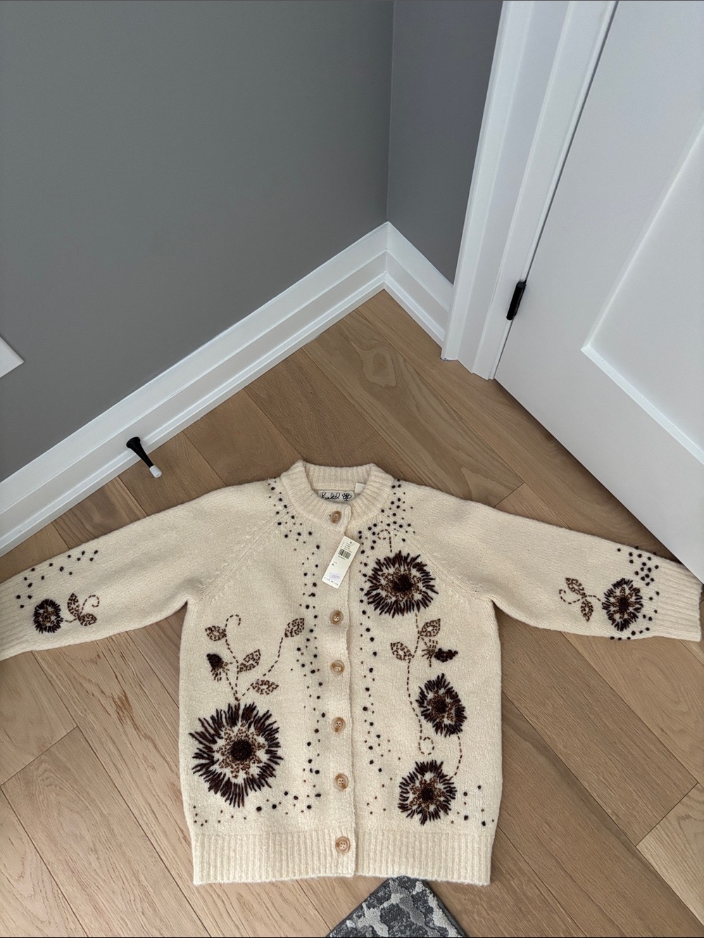 Anthropologie Cream Cardigan with Brown Floral Embroidery